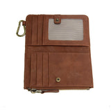 Opened Brown leather wallet with a card holder on a white background. Available at Be Charmed