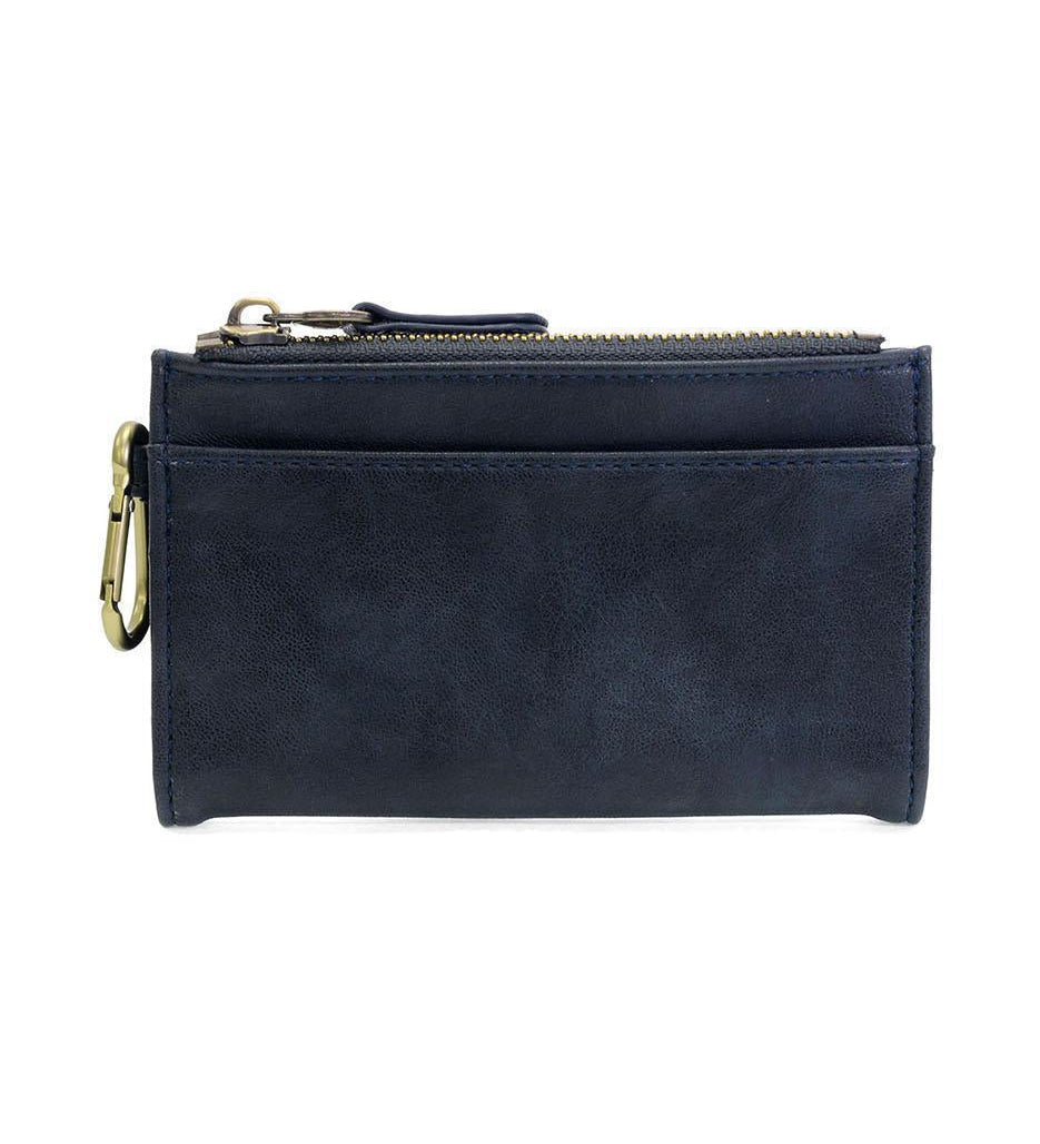 Navy leather wallet with gold zipper on a white background. Available at Be Charmed