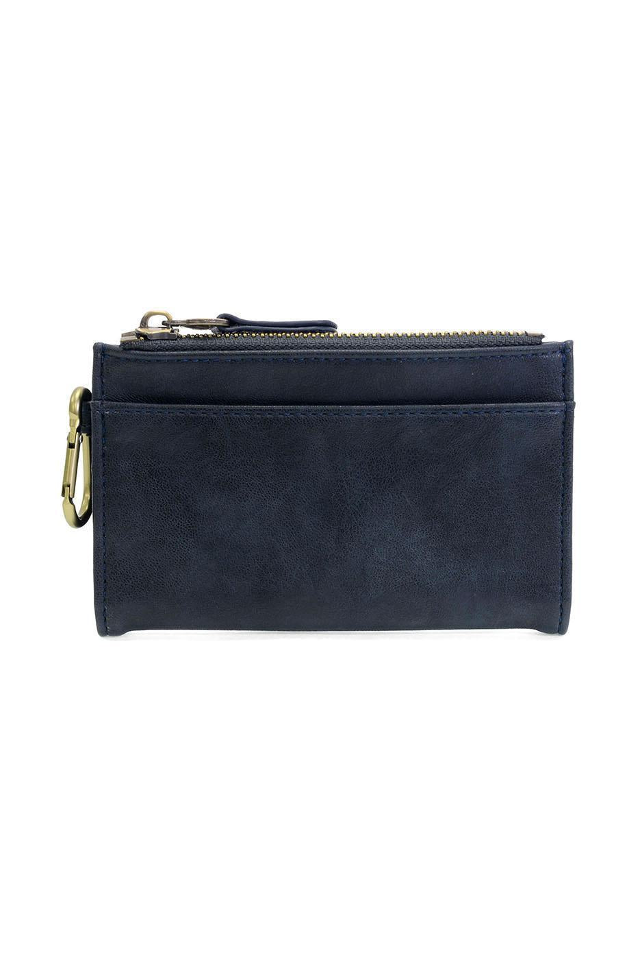 Navy leather wallet with gold zipper on a white background. Available at Be Charmed