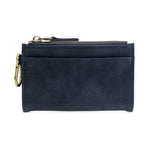 Navy leather wallet with gold zipper on a white background. Available at Be Charmed
