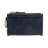 Navy leather wallet with gold zipper on a white background. Available at Be Charmed