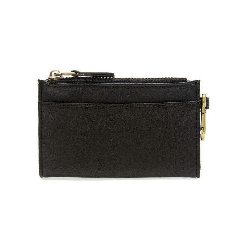 Black leather wallet with gold zipper on a white background. Available at Be Charmed