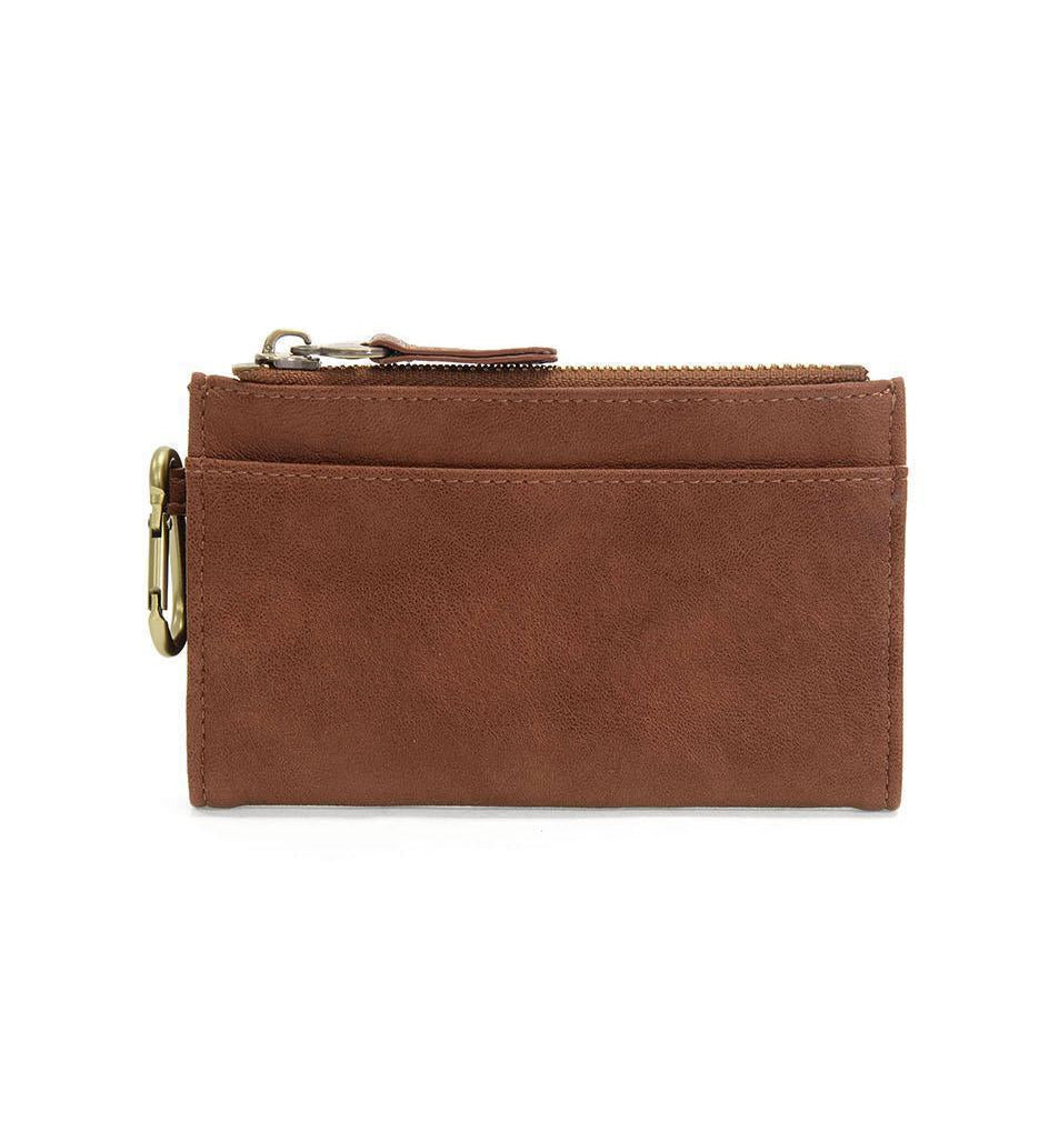 Brown leather wallet with a gold zipper on a white background. Available at Be Charmed