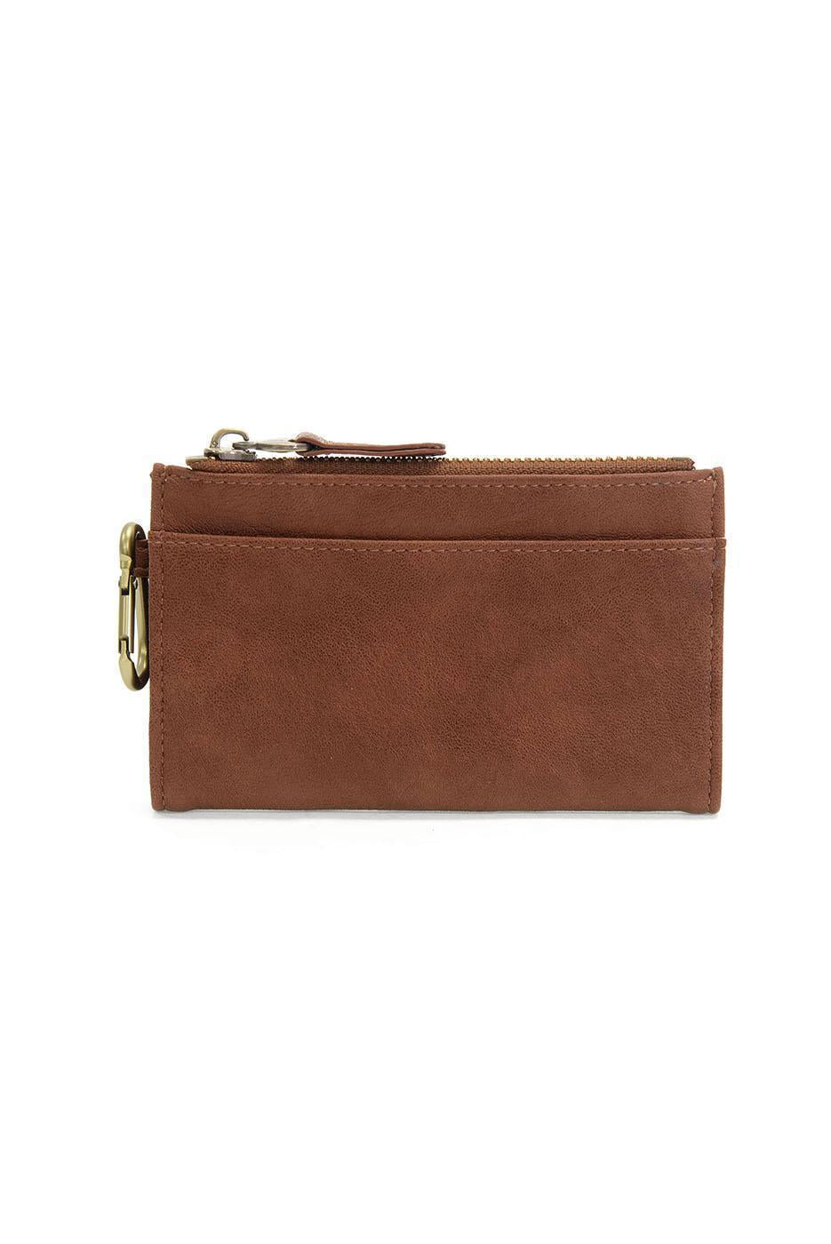Brown leather wallet with a gold zipper on a white background. Available at Be Charmed