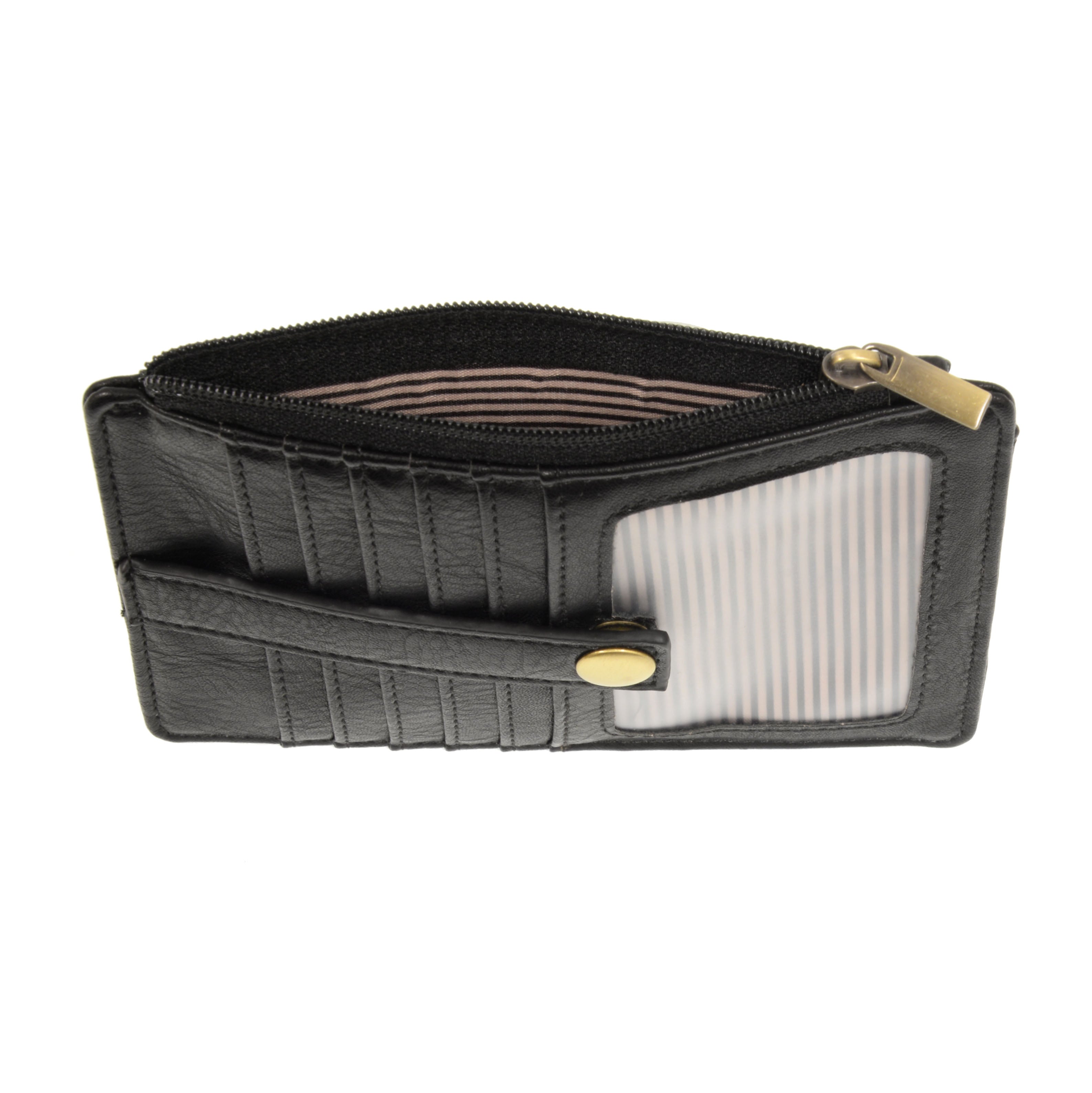 Joy Susan Black wallet with gold accents on a white background. Available at Be Charmed