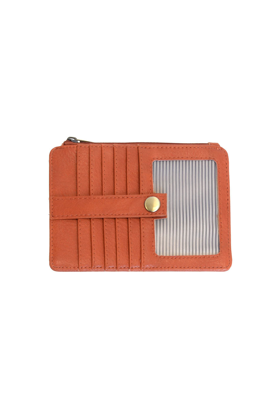 An Joy Susan bonfire orange card holder wallet with multiple card slots, a horizontal strap with a gold snap button, and a clear window showing striped cards inside, set against a plain white background. Available at Be Charmed