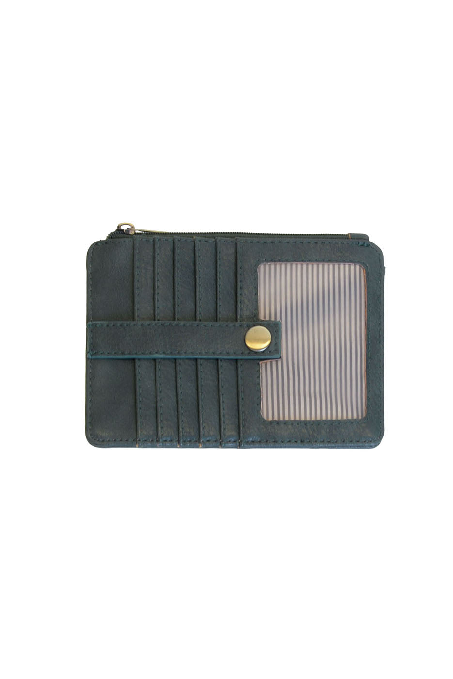 A Joy Susan castleton green card holder wallet with multiple card slots, a horizontal strap with a gold snap button, and a clear ID window on the right side, shown against a plain white background. Available at Be Charmed