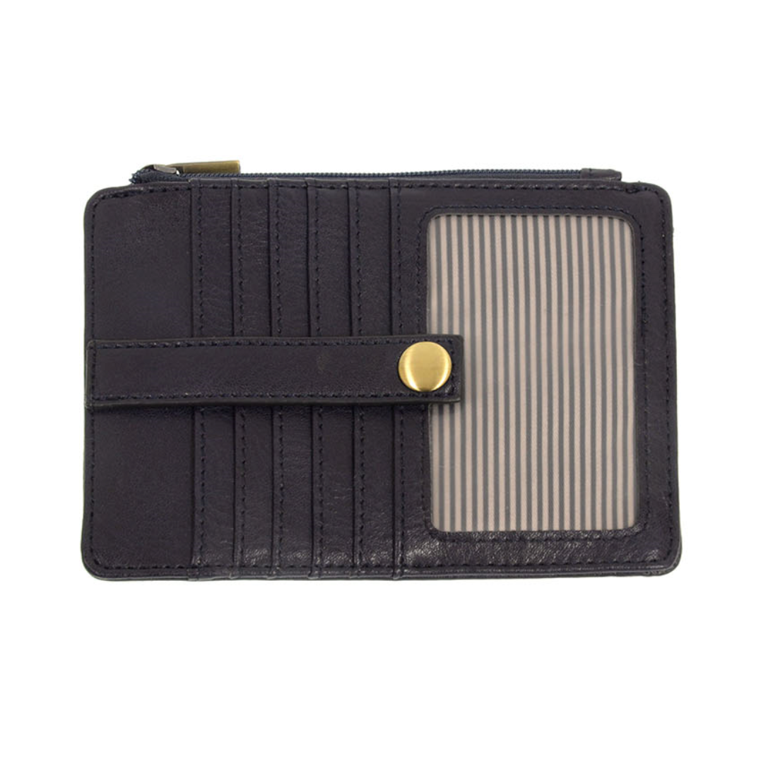 Joy Susan midnight blue card holder wallet with a zippered top, a horizontal strap with a gold snap button, and a striped transparent ID window on the front. Available at Be Charmed