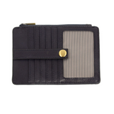 Joy Susan midnight blue card holder wallet with a zippered top, a horizontal strap with a gold snap button, and a striped transparent ID window on the front. Available at Be Charmed