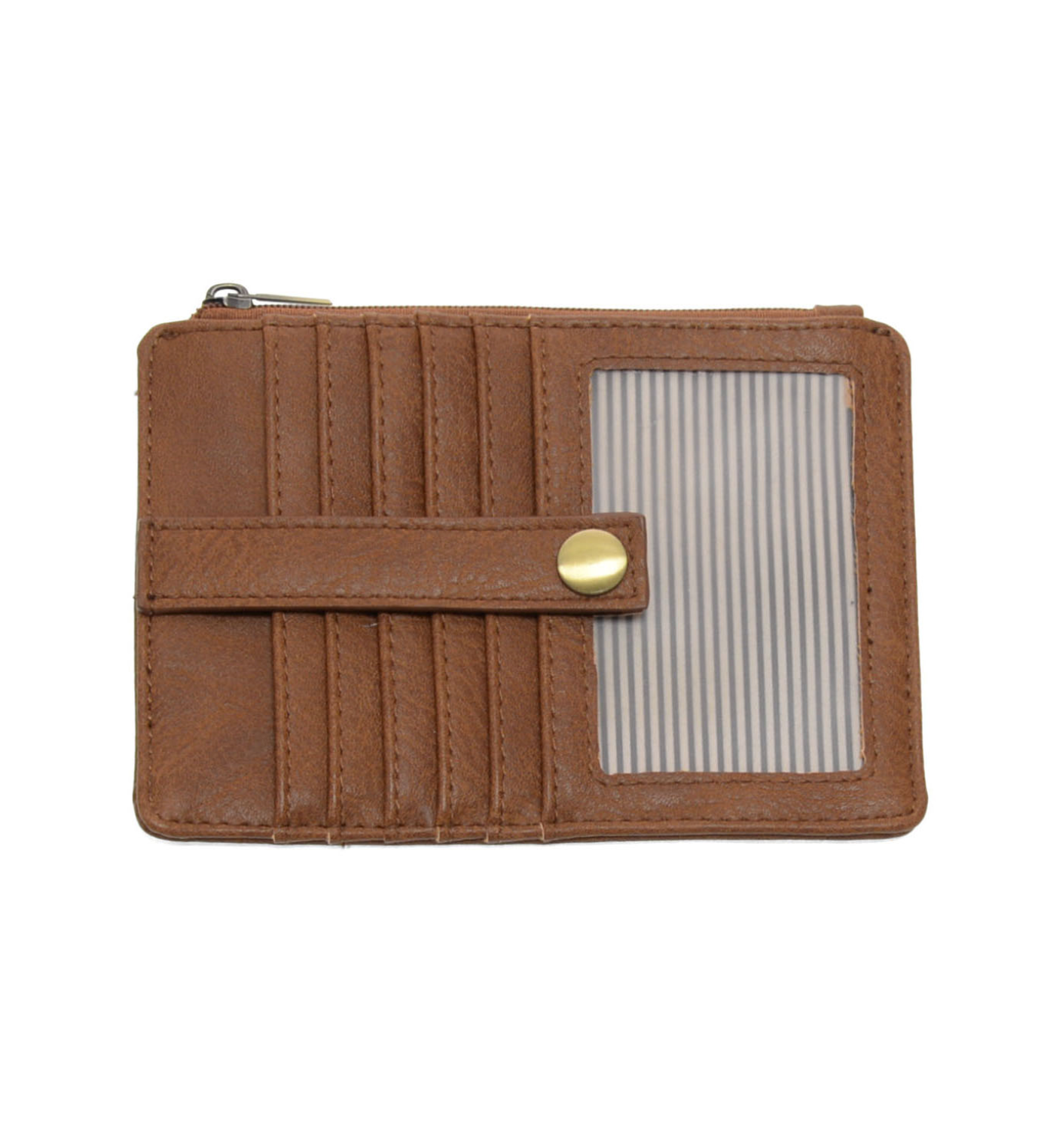 A Joy Susan pecan card holder wallet with multiple card slots, a horizontal strap with a gold snap button, and a clear striped ID window on the front, shown against a plain white background. Available at Be Charmed