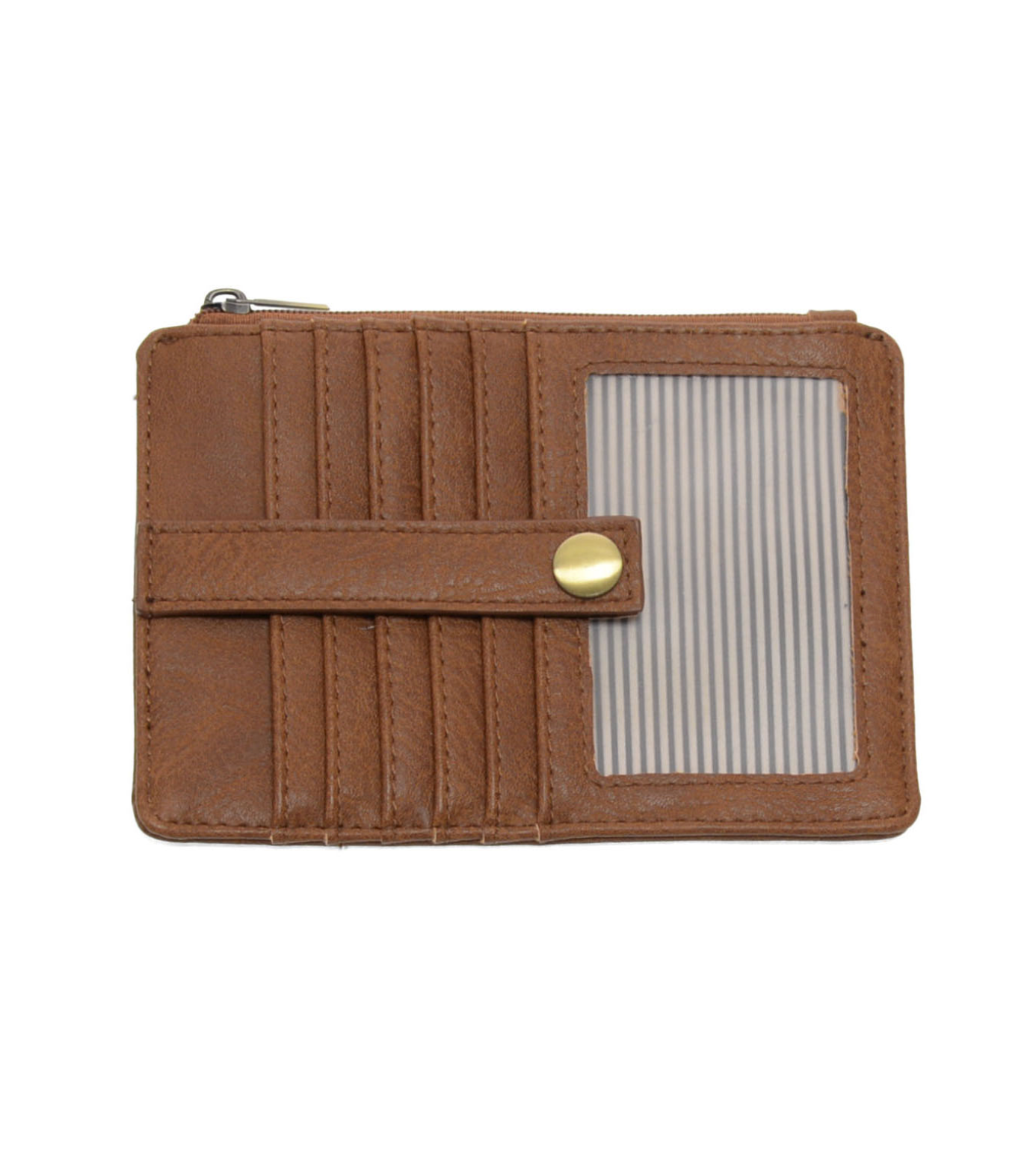 A Joy Susan pecan card holder wallet with multiple card slots, a horizontal strap with a gold snap button, and a clear striped ID window on the front, shown against a plain white background. Available at Be Charmed