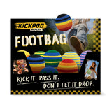 Image for Kickpod Replay Footbag with colorful footbags and text on a black background. Available at Be Charmed