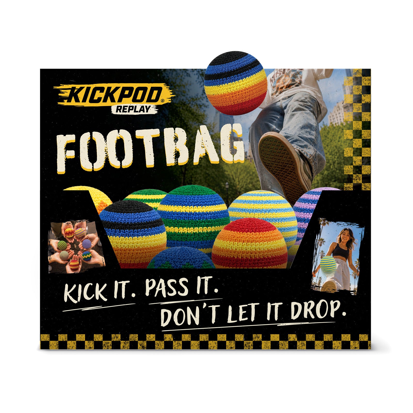 Image for Kickpod Replay Footbag with colorful footbags and text on a black background. Available at Be Charmed
