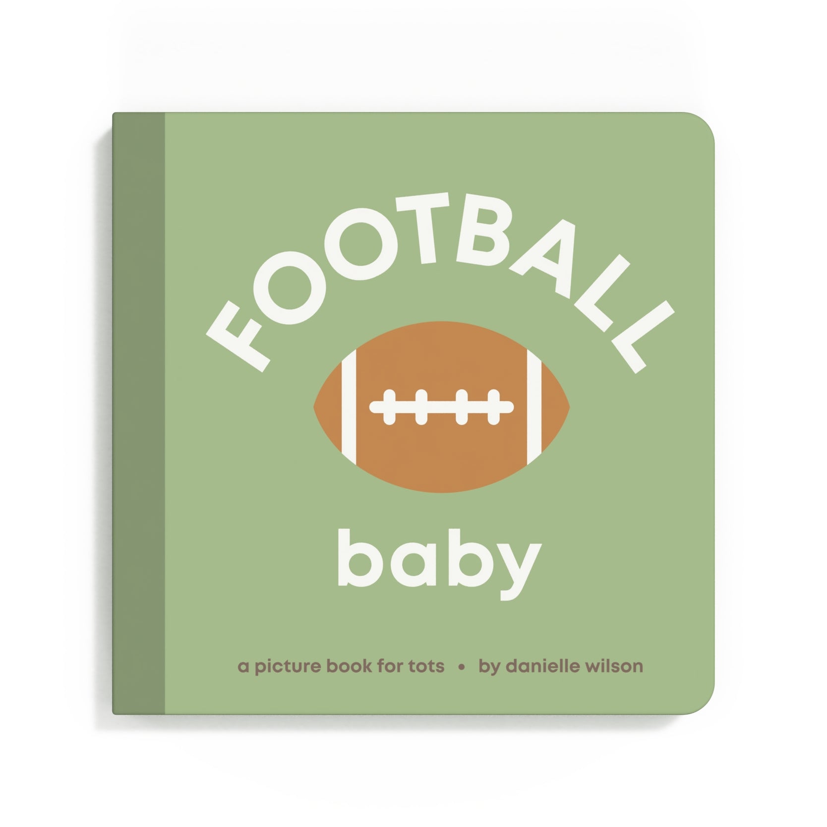 Book titled 'Football Baby' with a football illustration on a green background. Available at Be Charmed