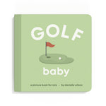 Book titled 'Golf Baby' with a green cover and golf-themed illustrations on a white background. Available at Be Charmed