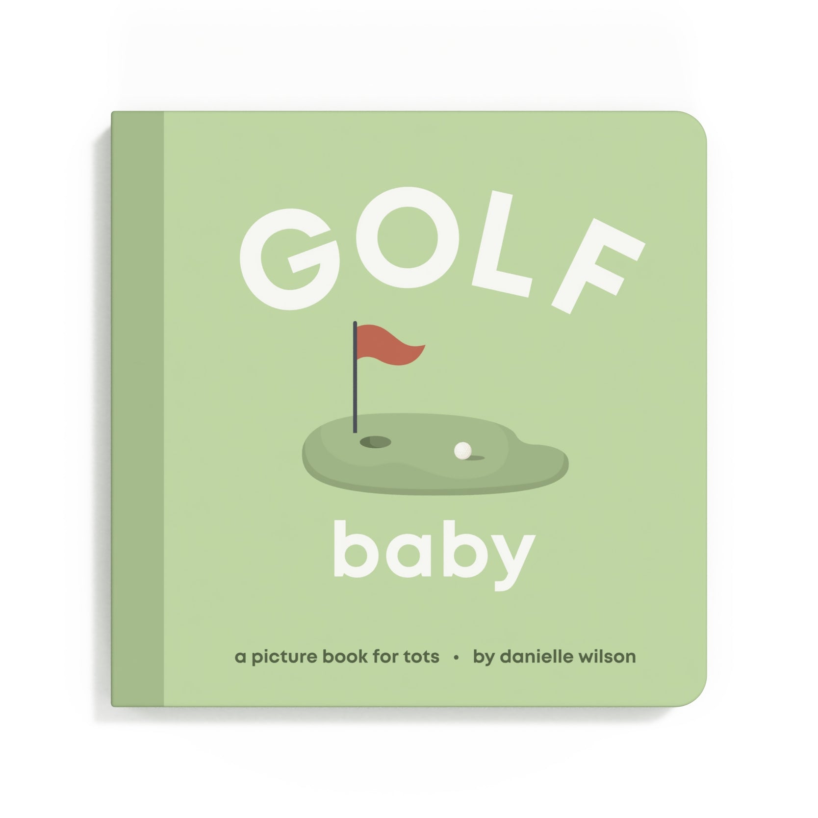 Book titled 'Golf Baby' with a green cover and golf-themed illustrations on a white background. Available at Be Charmed