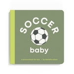 Book titled 'Soccer Baby' with a soccer ball illustration on a green background Available at Be Charmed