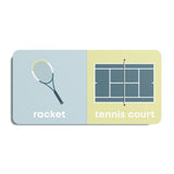 Book with illustrations of a tennis racket on a blue background and a tennis court on a yellow background. Available at Be Charmed
