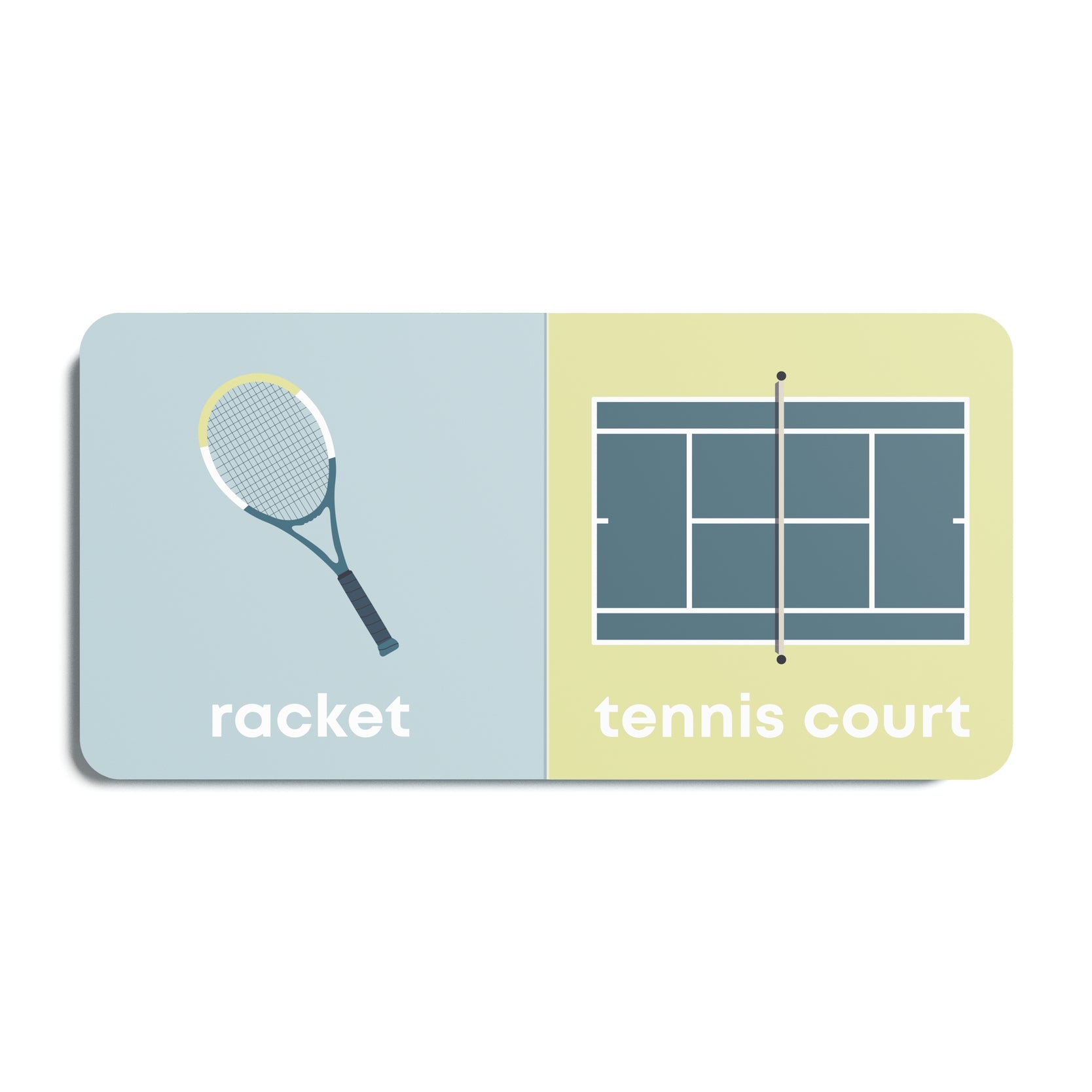 Book with illustrations of a tennis racket on a blue background and a tennis court on a yellow background. Available at Be Charmed