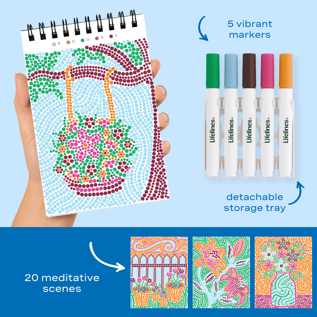 Lifelines FlowArt Mini portable meditative art pad with vibrant colorful dot markers available at Be Charmed