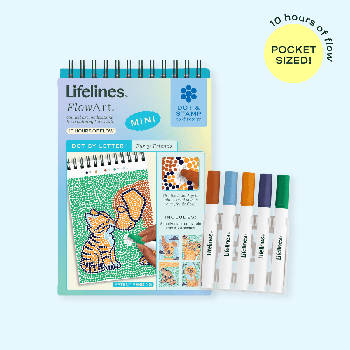 Lifelines furry friends FlowArt Mini portable meditative art pad with vibrant colorful dot markers available at Be Charmed