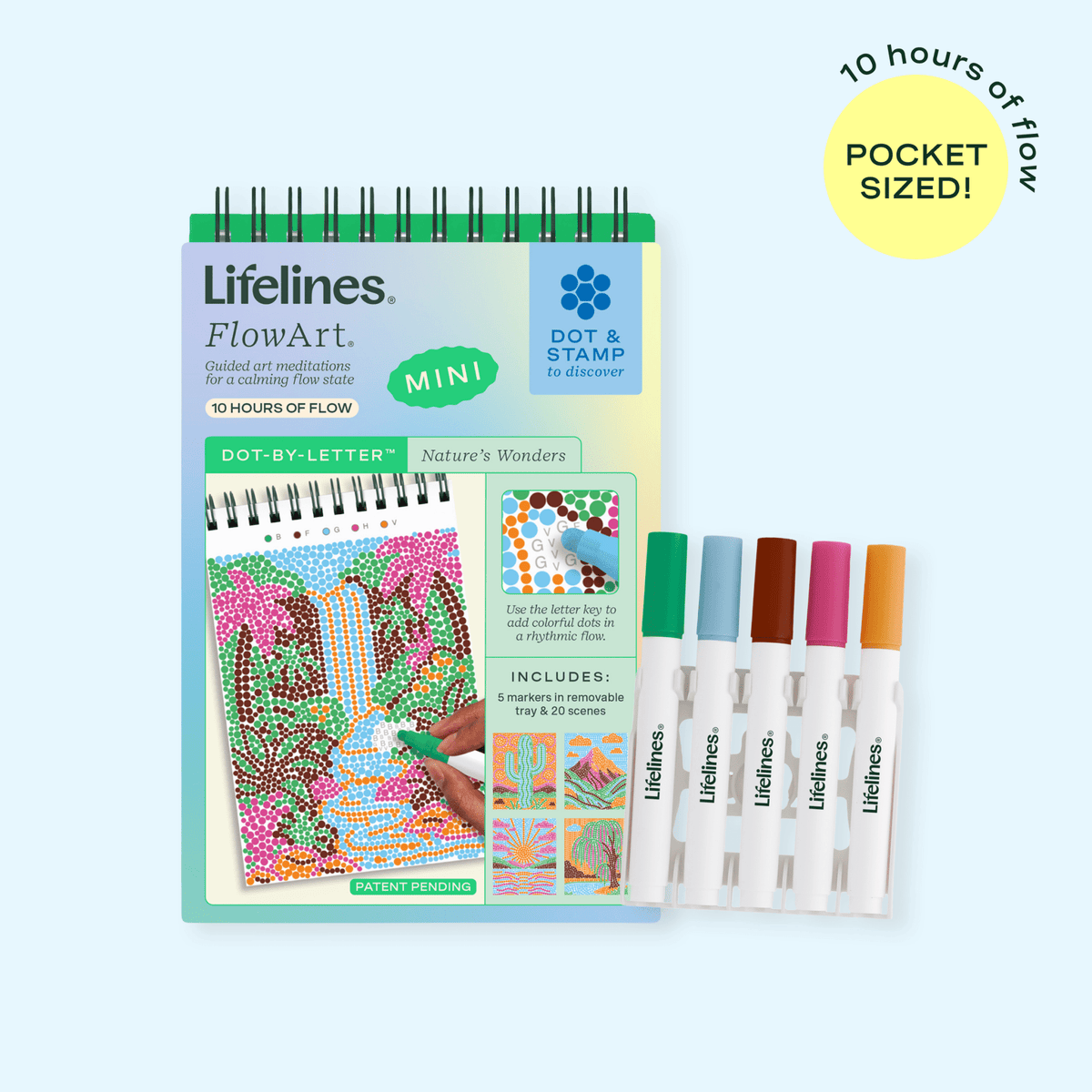Lifelines nature's wonders FlowArt Mini portable meditative art pad with vibrant colorful dot markers available at Be Charmed