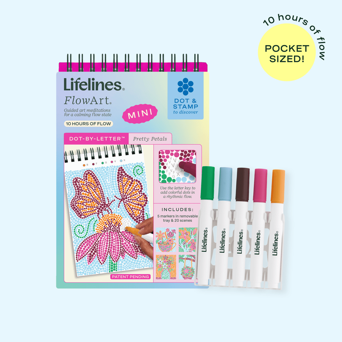 Lifelines Pretty petals FlowArt Mini portable meditative art pad with vibrant colorful dot markers available at Be Charmed