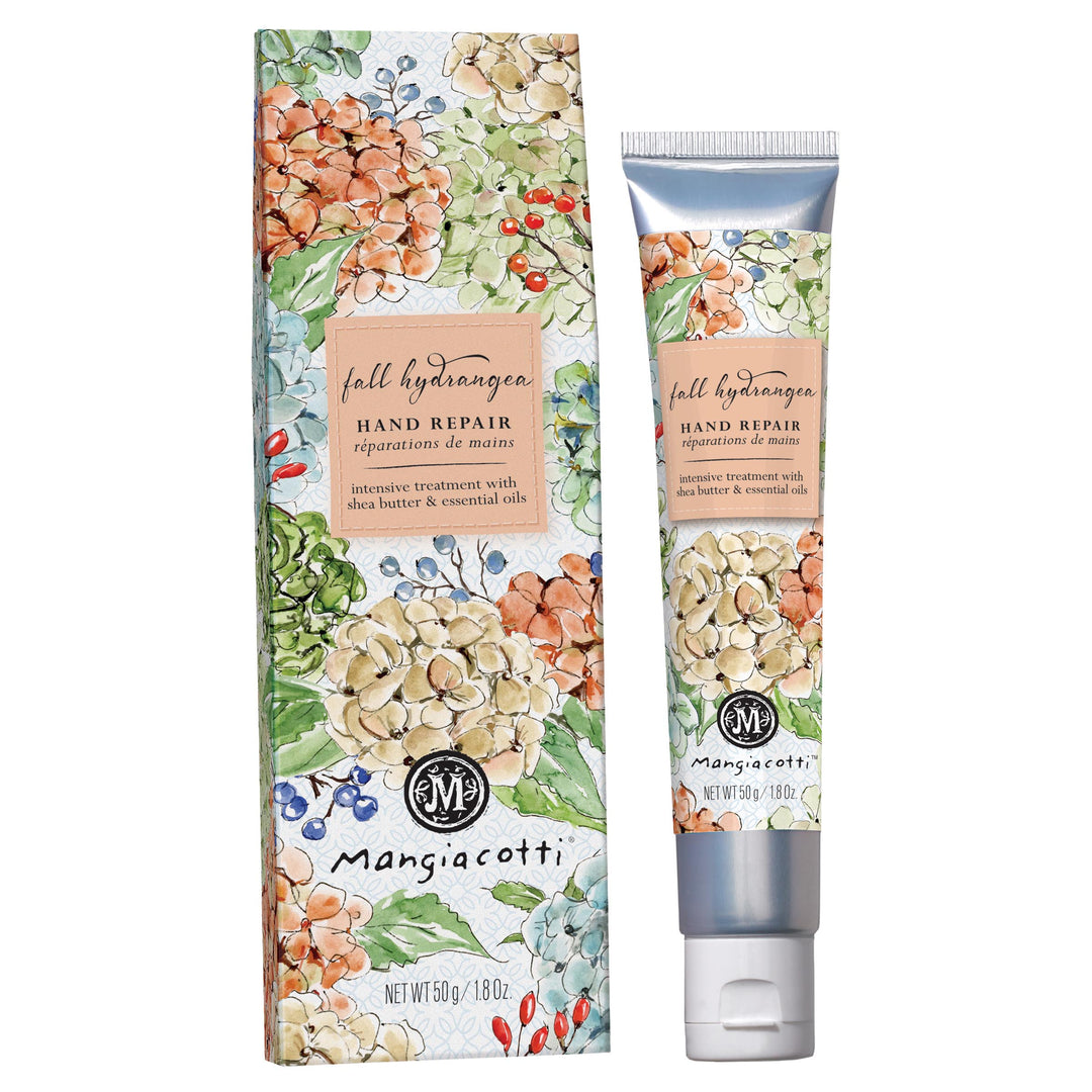 Fall hydrangea Mangiacatti hand repair cream with floral packaging on a white background