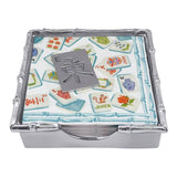 Mariposa bamboo napkin box set mahjong tile featuring a handcrafted recycled aluminum holder with a bamboo border and mahjong tile design available at Be Charmed