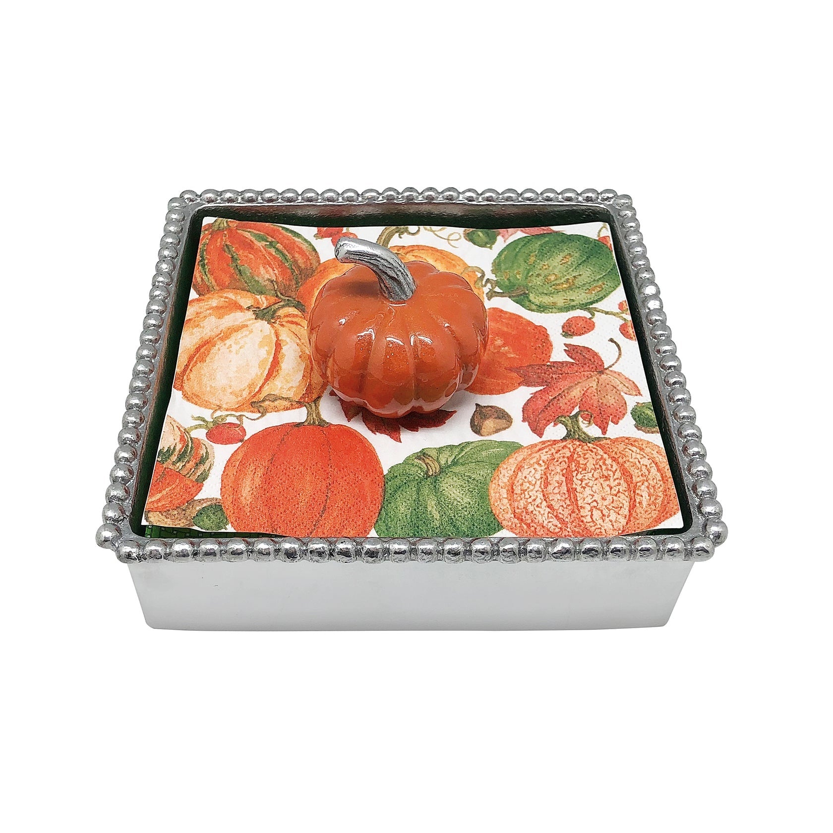 Mariposa orange pumpkin napkin box featuring a handcrafted recycled aluminum holder with a vibrant autumn pumpkin design available at Be Charmed