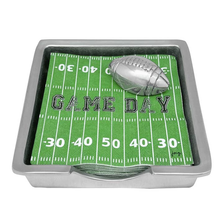 Mariposa signature napkin box football featuring a handcrafted recycled aluminum holder with football detail available at Be Charmed