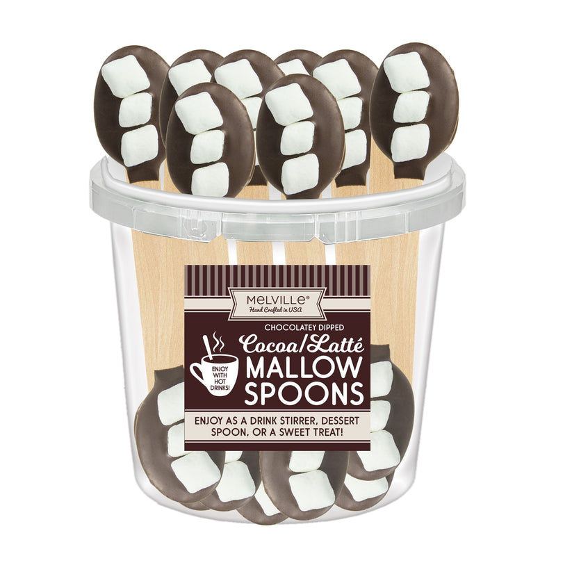 Melville Candy Company mini marshmallow milk chocolatey dipped spoons featuring gourmet chocolate and marshmallow details available at Be Charmed