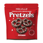 Melville Candy Company Peppermint Mini Pretzels featuring chocolate-dipped pretzels with peppermint crunch available at Be Charmed