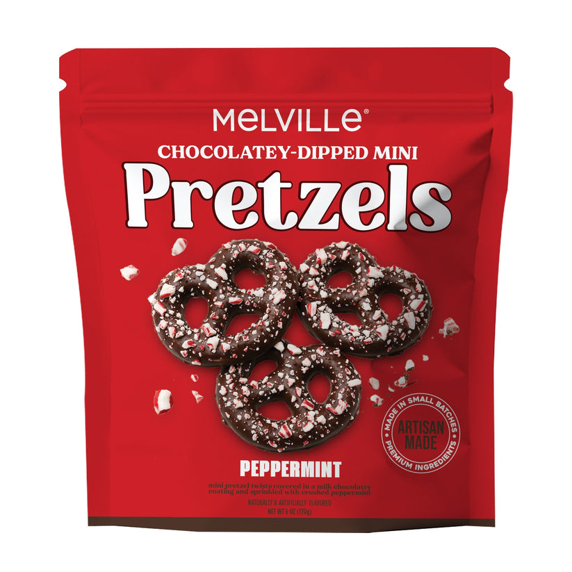 Melville Candy Company Peppermint Mini Pretzels featuring chocolate-dipped pretzels with peppermint crunch available at Be Charmed