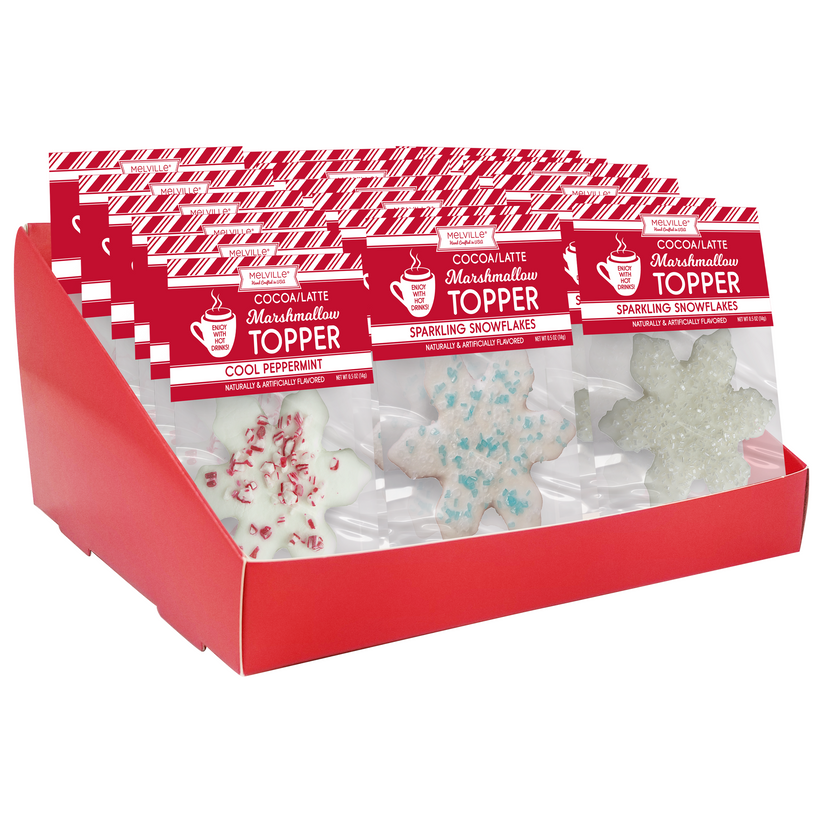 Melville Candy Company Snowflake Marshmallow Toppers featuring festive white snowflake marshmallow shapes available at Be Charmed