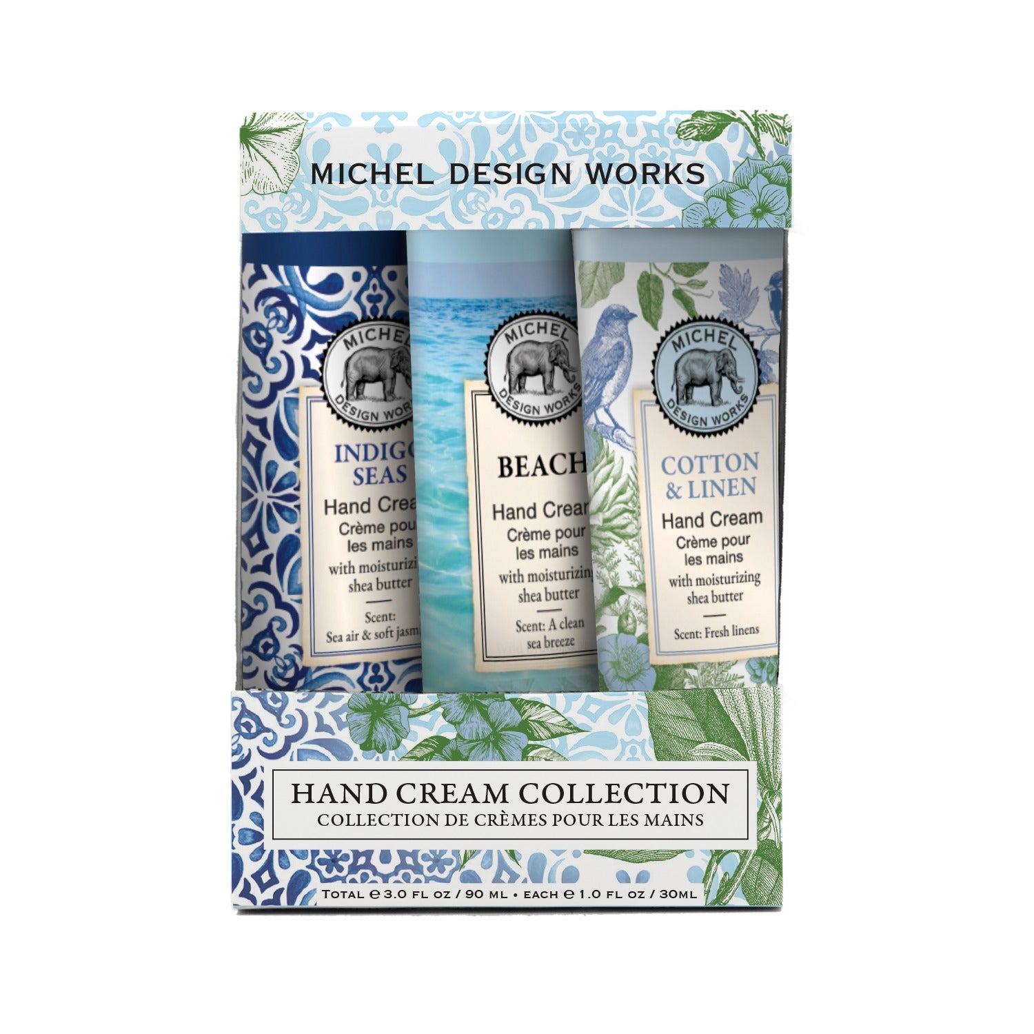 Michel Design Works fresh air hand cream collection with three different scents on a white background. Available at be Charmed