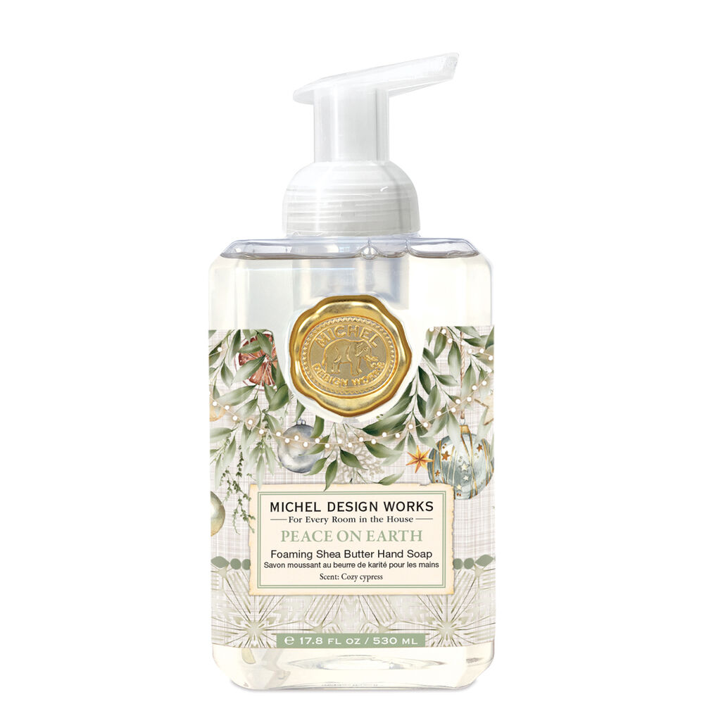Foaming Shea Butter Hand Soap bottle with floral design and Michel Design Works branding on a white background. Available at Be Charmed