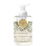Foaming Shea Butter Hand Soap bottle with floral design and Michel Design Works branding on a white background. Available at Be Charmed