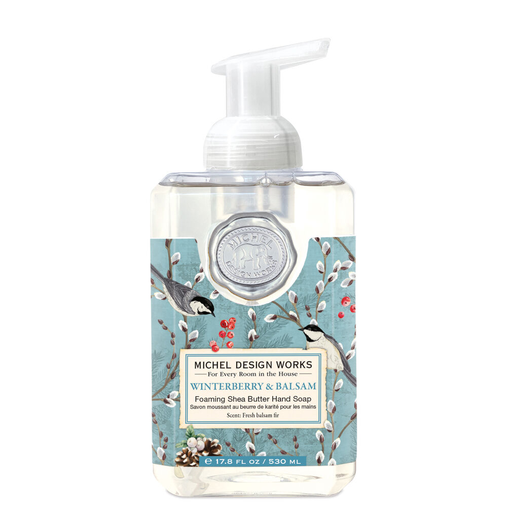Foaming hand soap bottle with winterberry and balsam design on a white background. Available at Be Charmed