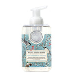 Foaming hand soap bottle with winterberry and balsam design on a white background. Available at Be Charmed
