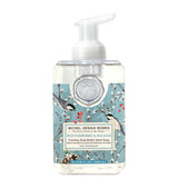 Foaming hand soap bottle with winterberry and balsam design on a white background. Available at Be Charmed