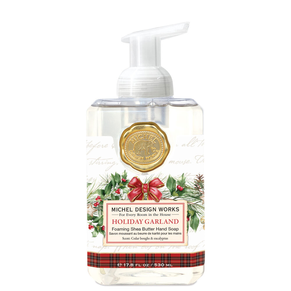 Foaming hand soap bottle with holiday design on a white background. Available at Be Charmed