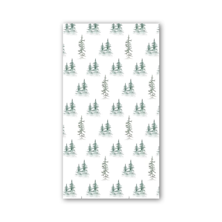 A rectangular napkin featuring a repeating pattern of small evergreen trees in muted green and gray tones, shown against a plain white background. Available at Be Charmed