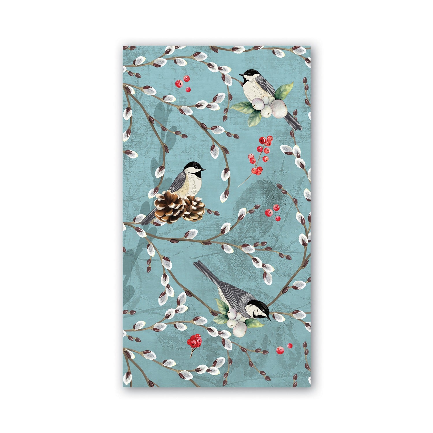 Napkin with bird and branch design on a blue background. Available at Be Charmed