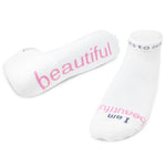 A pair of white socks with the words 'beautiful' and 'notes to self' printed in pink and blue ink respectively. Available at Be Charmed