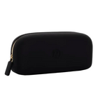 A black soft-shell zippered carrying case with a gold zipper pull and a subtle embossed logo on the front, shown against a plain white background. Availablea t Be Charmed