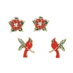 Periwinkle duo poinsettia and cardinal earrings featuring festive holiday floral and bird designs available at Be Charmed