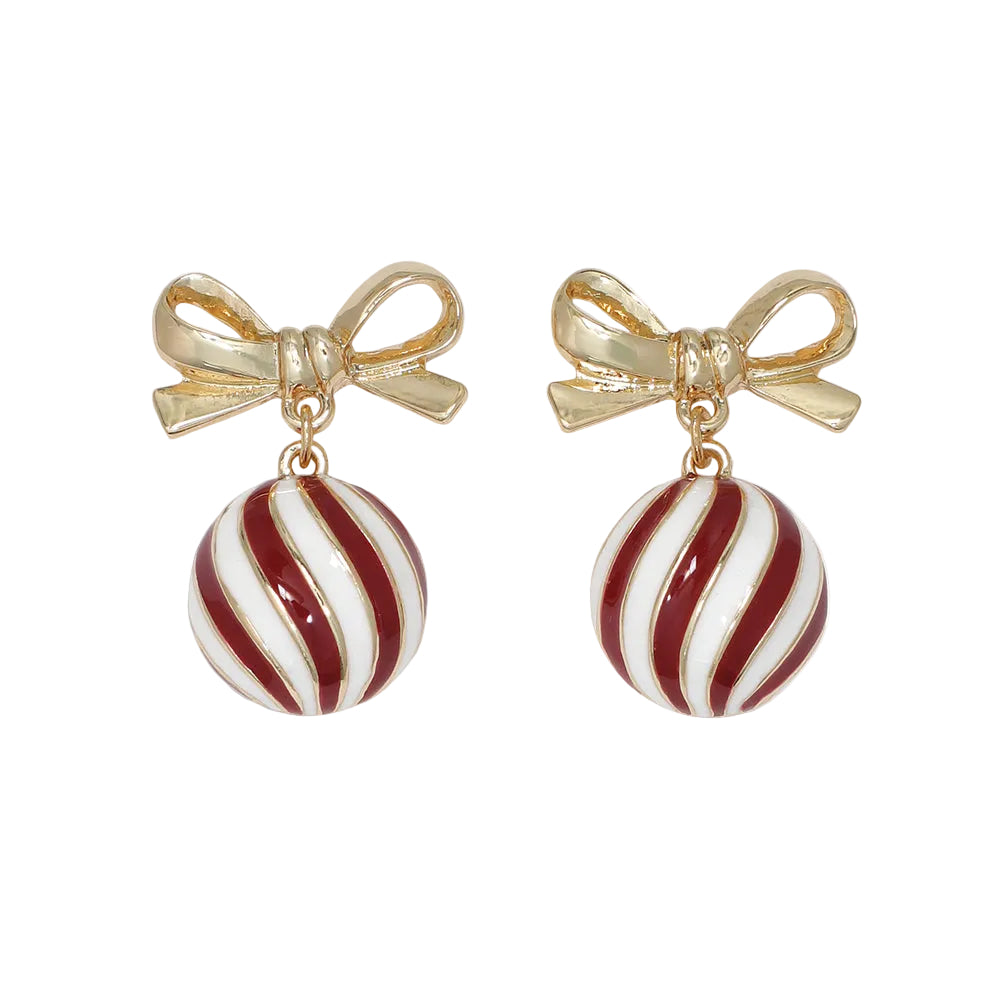 Periwinkle Gold Bows w/Red & White Swirl earrings featuring festive holiday ribbon designs available at Be Charmed