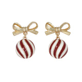 Periwinkle Gold Bows w/Red & White Swirl earrings featuring festive holiday ribbon designs available at Be Charmed