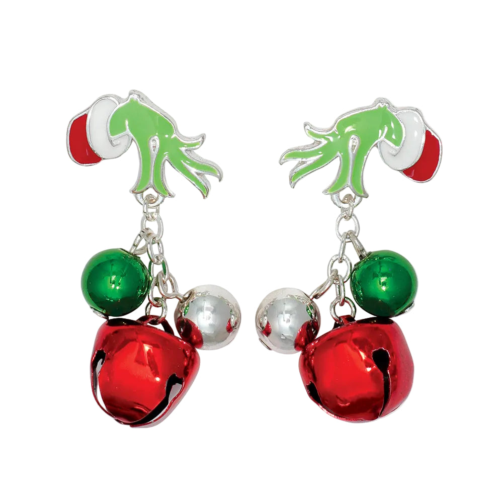 Periwinkle Mean One w/Jingles earrings featuring a festive green holiday character design with jingle bell details available at Be Charmed

